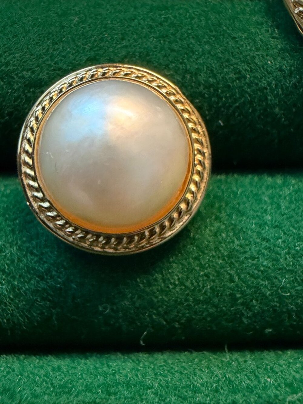 14K Yellow Gold Pearl Button Earrings 3.97g Rope Twist Vintage Style Studs - Picture 2 of 8